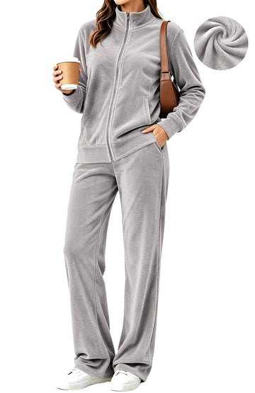 UVN Velour Outfit Set for Women 2 Piece Lounge Sets Casual Full Zip Top and Wide Leg Pants Ladies Fall Tracksuit with Pocket