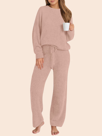 UVN Winter Pajama for Women Sweater Set Ladies Crewneck Tops and Long Pants Warm 2 Piece Loungewear