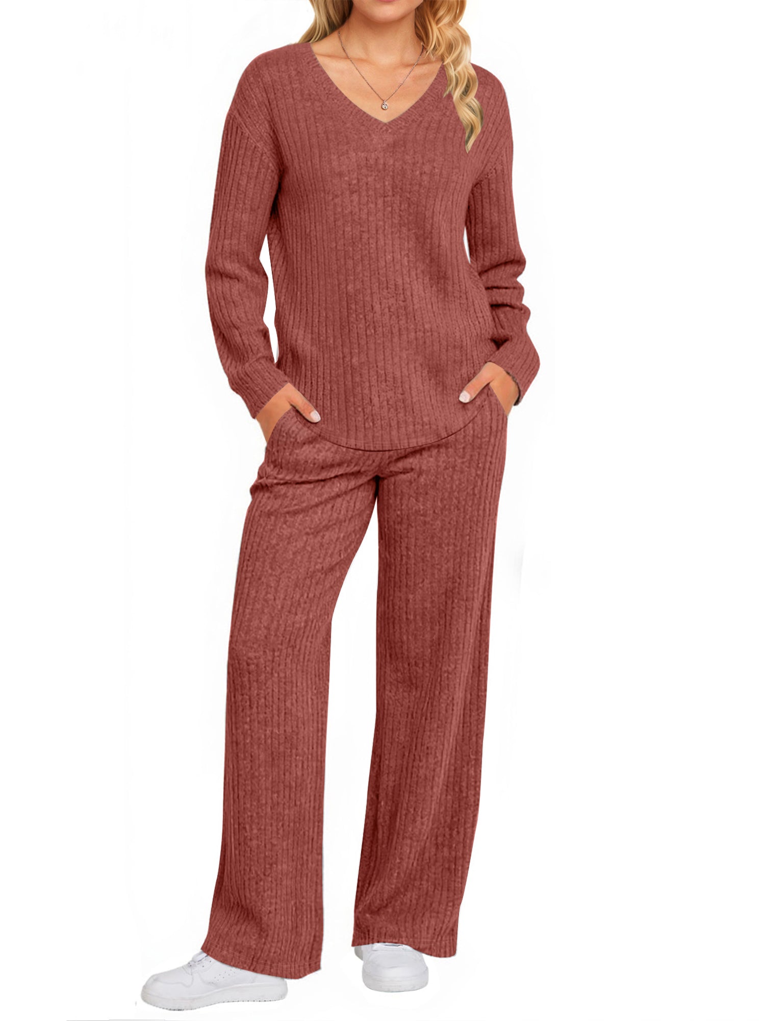 UVN Outfit Sets for Women Two Piece Sets Winter Casual Long Sleeve Tops and Long Pants Lounge Sets Ribbed Knit Pajama Sets with Pockets