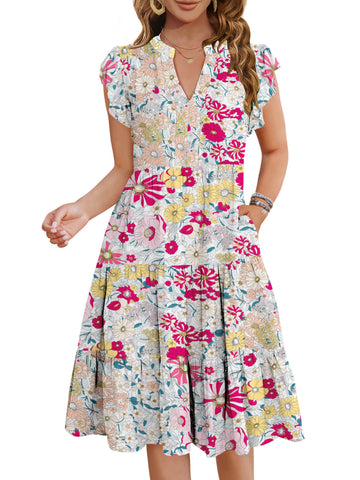 UVN Summer Dresses for Women Ruffle Sleeve V Neck Midi Dress Casual Beach Sundress with Pockets