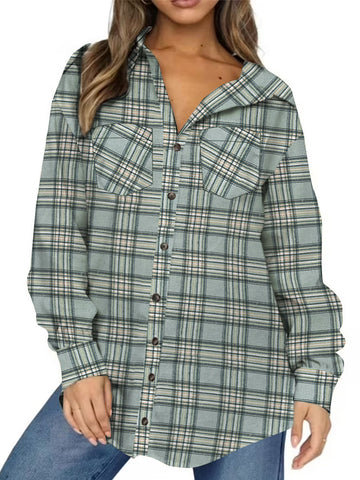 UVN Plaid Shirt for Women Oversized Flannel Long Sleeve Shirts Casual Button Down Blouse Tops with Pockets