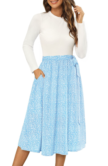 UVN Fall Dresses for Women Long Sleeve Crewneck Ribbed Casual Dress Ladies Floral Print Midi Dresses with Pockets