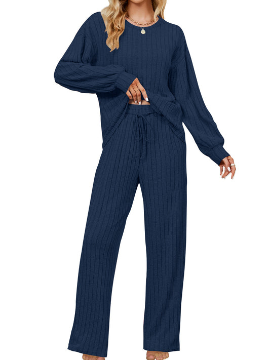 UVN Pajama Sets for Women Long Sleeve Lounge Set Ribbed Knit Sleepwear 2 Piece Pjs Soft Loungewear with Pockets