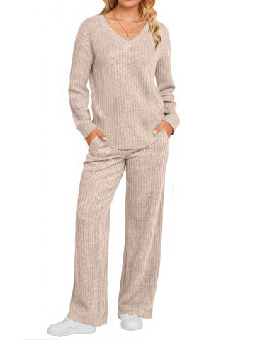 UVN Outfit Sets for Women Two Piece Sets Winter Casual Long Sleeve Tops and Long Pants Lounge Sets Ribbed Knit Pajama Sets with Pockets