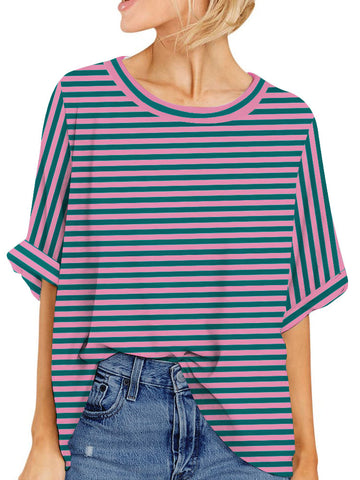 UVN Oversized Stripe T Shirt for Women Summer Casual Short Sleeve Tee Ladies Loose Crewneck Tops