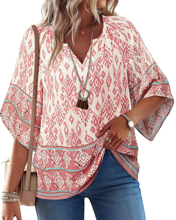 UVN Womens Summer Blouses Bohemian 3/4 Bell Sleeve Shirts for Women V Neck Flowy Casual Pleated Tops