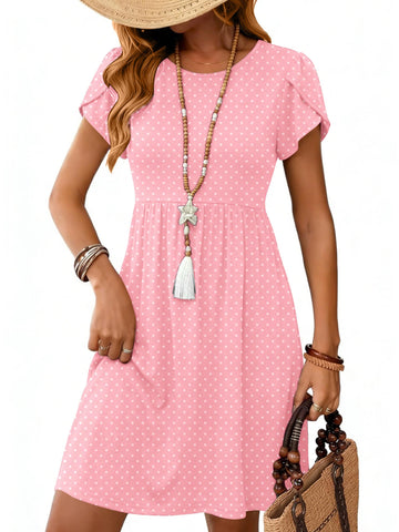UVN Womens Summer Dresses Short Petal Sleeve Crew Neck Midi Sundress for Women A-Line Flowy Dress with Pocket