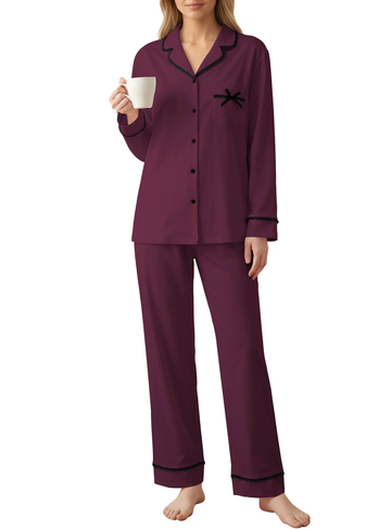 UVN Womens Pajama Sets Fall Winter Soft Pjs Lounge Sets Long Sleeve Button Down Tops and Wide Leg Pants 2 Piece Outfits Lace Sleepwear