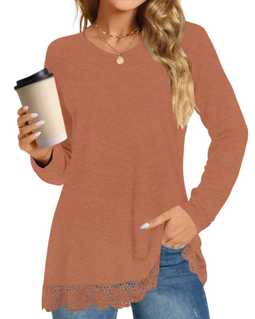 UVN Fall Tops for Women Long Sleeve Lace Trim V Neck Blouses Dressy Casual A Line Tunic Shirts