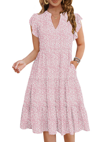 UVN Summer Dresses for Women Ruffle Sleeve V Neck Midi Dress Casual Beach Sundress with Pockets