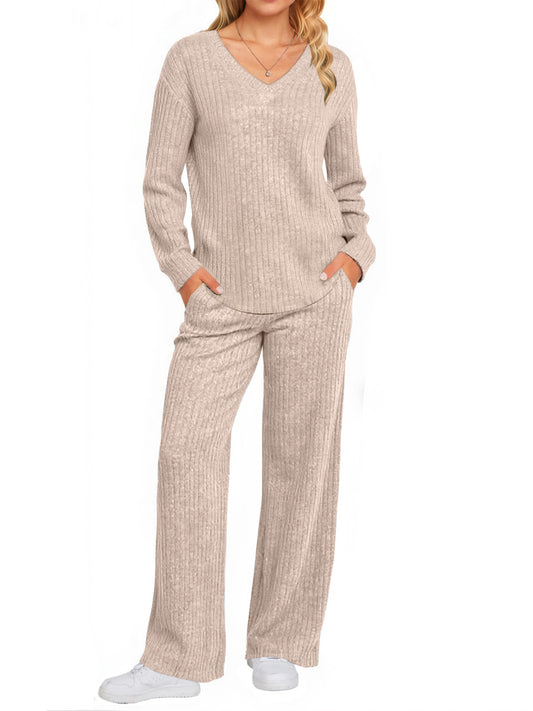 UVN Outfit Sets for Women Two Piece Sets Winter Casual Long Sleeve Tops and Long Pants Lounge Sets Ribbed Knit Pajama Sets with Pockets