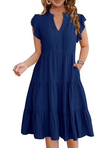 UVN Summer Dresses for Women Ruffle Sleeve V Neck Midi Dress Casual Beach Sundress with Pockets