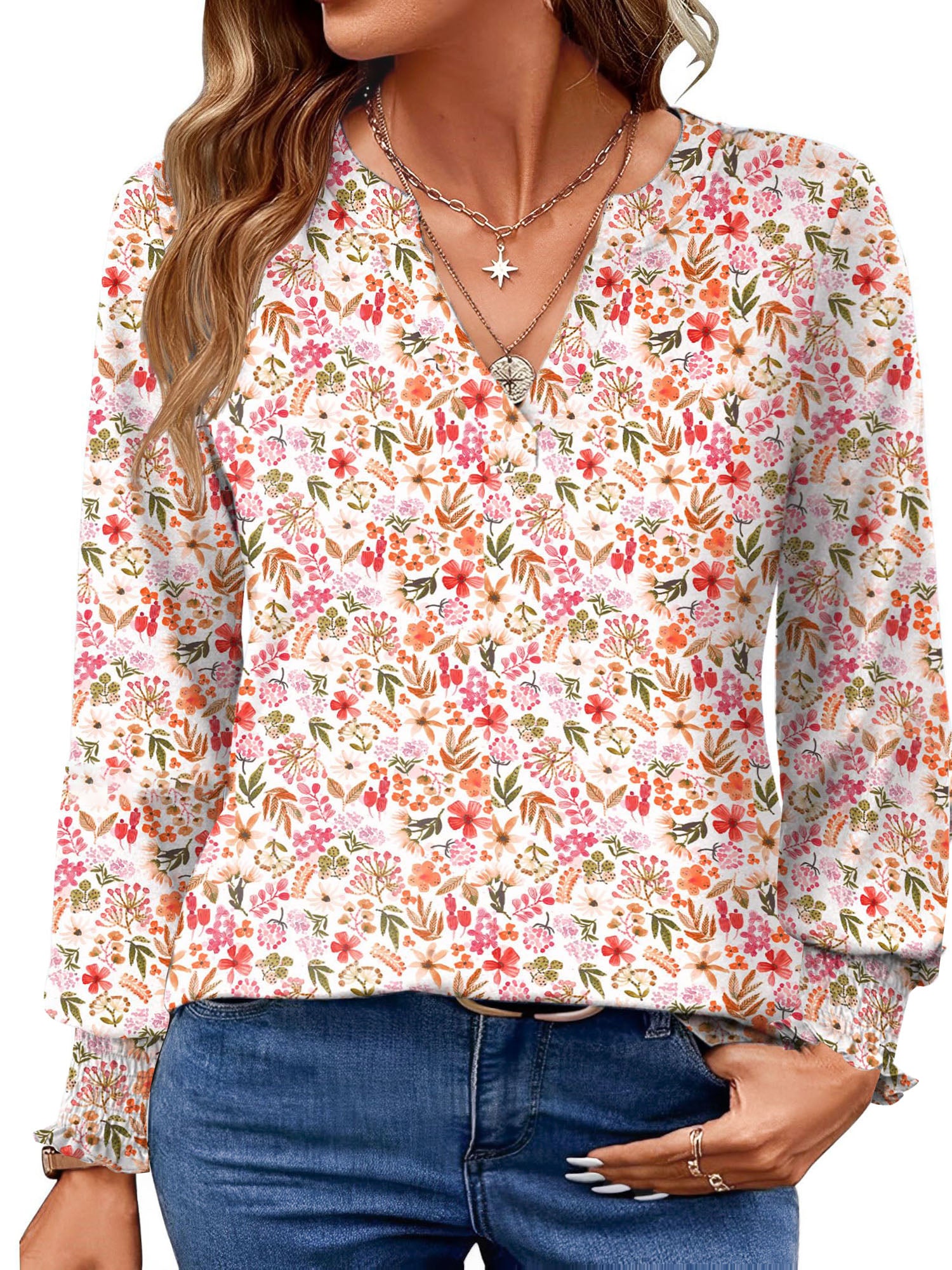 UVN Womens Fall Blouses Long Sleeve V neck Shirts Dressy Casual Smocked Cuffs Tunic Tops