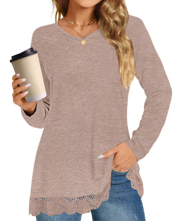 UVN Fall Tops for Women Long Sleeve Lace Trim V Neck Blouses Dressy Casual A Line Tunic Shirts