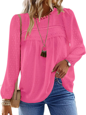 UVN Fall Shirts for Women Long Sleeve Blouses Ladies Crewneck Lace Crochet Tops Dressy Chiffon Blouses