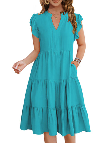 UVN Summer Dresses for Women Ruffle Sleeve V Neck Midi Dress Casual Beach Sundress with Pockets