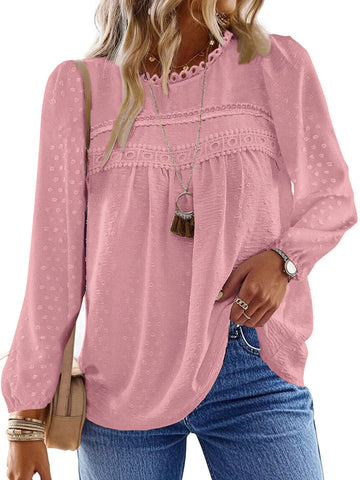 UVN Fall Shirts for Women Long Sleeve Blouses Ladies Crewneck Lace Crochet Tops Dressy Chiffon Blouses