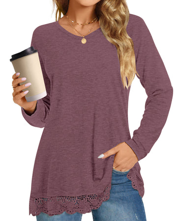 UVN Fall Tops for Women Long Sleeve Lace Trim V Neck Blouses Dressy Casual A Line Tunic Shirts