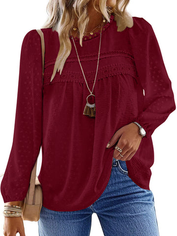 UVN Fall Shirts for Women Long Sleeve Blouses Ladies Crewneck Lace Crochet Tops Dressy Chiffon Blouses