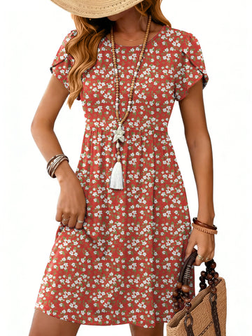 UVN Womens Summer Dresses Short Petal Sleeve Crew Neck Midi Sundress for Women A-Line Flowy Dress with Pocket