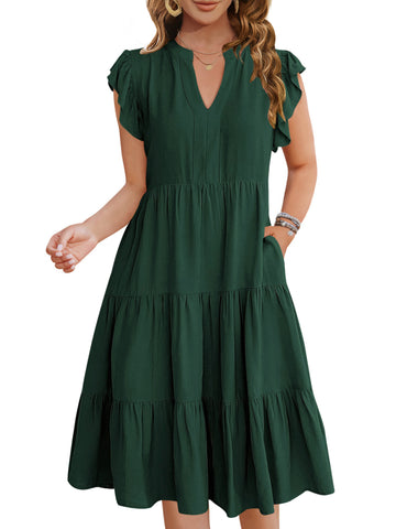 UVN Summer Dresses for Women Ruffle Sleeve V Neck Midi Dress Casual Beach Sundress with Pockets