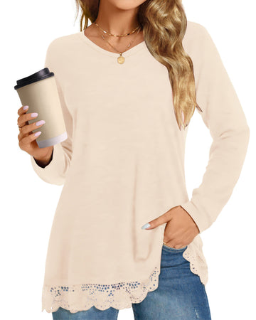 UVN Fall Tops for Women Long Sleeve Lace Trim V Neck Blouses Dressy Casual A Line Tunic Shirts