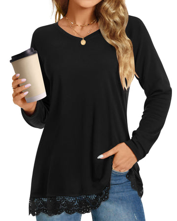 UVN Fall Tops for Women Long Sleeve Lace Trim V Neck Blouses Dressy Casual A Line Tunic Shirts
