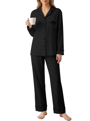 UVN Womens Pajama Sets Fall Winter Soft Pjs Lounge Sets Long Sleeve Button Down Tops and Wide Leg Pants 2 Piece Outfits Lace Sleepwear