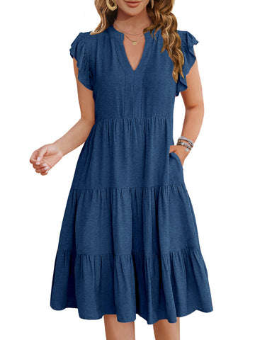 UVN Summer Dresses for Women Ruffle Sleeve V Neck Midi Dress Casual Beach Sundress with Pockets