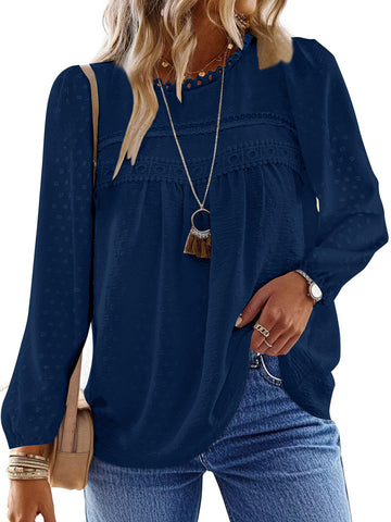 UVN Fall Shirts for Women Long Sleeve Blouses Ladies Crewneck Lace Crochet Tops Dressy Chiffon Blouses