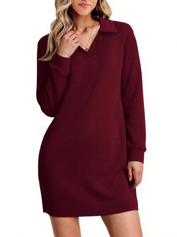 UVN Dresses for Women Long Sleeve Lapel Neck Dress Fall Casual Sweatshirt Dresses