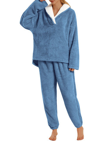 UVN Winter Pajamas for Women Fuzzy Loungewear Sets Ladies Fleece Long Sleeve Tops and Long Pants 2 Piece Sleepwear
