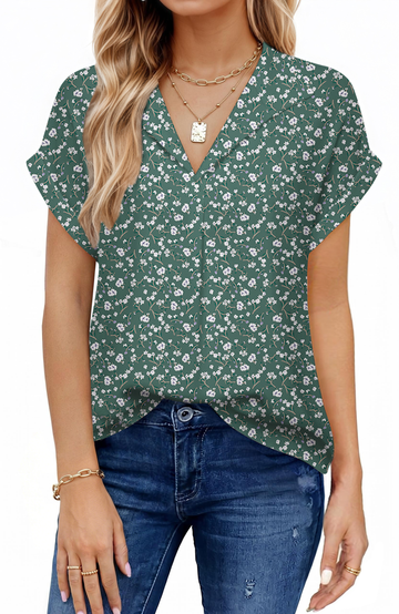 UVN Blouses for Women Summer Short Sleeve Work Shirts Dressy Casual V Neck Print Tops