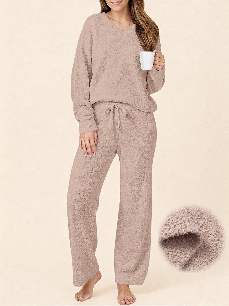 UVN Winter Pajama for Women Sweater Set Ladies V neck Tops and Long Pants Warm 2 Piece Loungewear