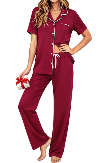 UVN Fall 2 Piece Pajamas for Women Short Sleeve Top and Long Pant Casual Button up Sleepwear Ladies Matching Set