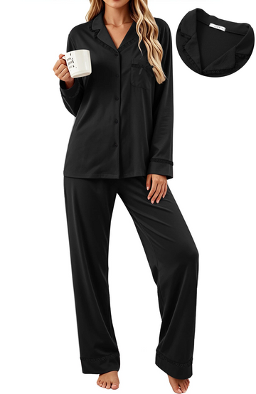 UVN Womens Pajama Sets Fall Winter Soft Pjs Lounge Sets Long Sleeve Button Down Tops and Wide Leg Pants 2 Piece Outfits Lace Sleepwear