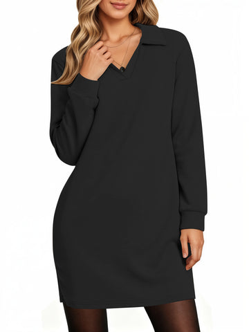 UVN Dresses for Women Long Sleeve Lapel Neck Dress Fall Casual Sweatshirt Dresses