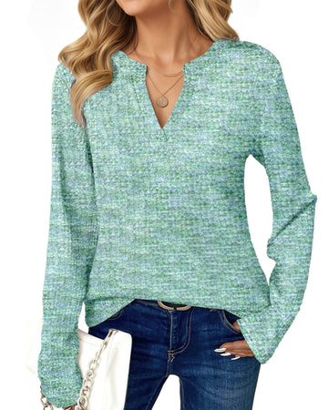 UVN Long Sleeve Shirts for Women Fall V Neck Waffle Knit Blouses Dressy Casual Tunic Tops Ladies Work Clothes