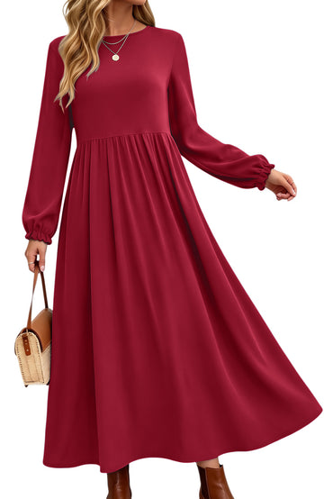 UVN Fall Long Dress for Women Crewneck Casual Long Sleeve Pleated Dresses with Pockets