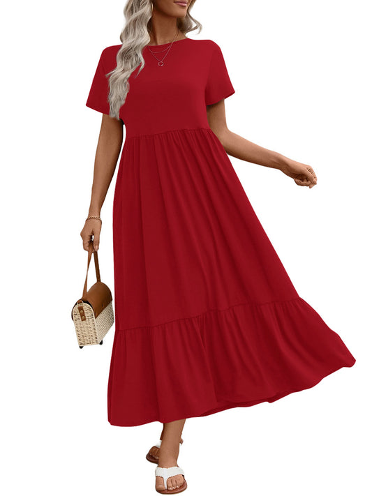 UVN Long Dresses for Women Summer Short Sleeve Casual Crewneck Maxi Dress with Pockets