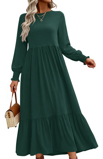 UVN Fall Long Dress for Women Crewneck Casual Long Sleeve Pleated Dresses with Pockets