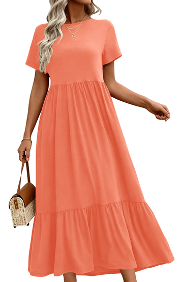 UVN Long Dresses for Women Summer Short Sleeve Casual Crewneck Maxi Dress with Pockets