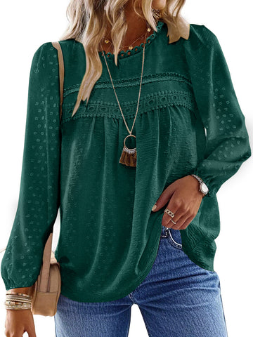 UVN Fall Shirts for Women Long Sleeve Blouses Ladies Crewneck Lace Crochet Tops Dressy Chiffon Blouses