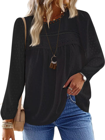 UVN Fall Shirts for Women Long Sleeve Blouses Ladies Crewneck Lace Crochet Tops Dressy Chiffon Blouses
