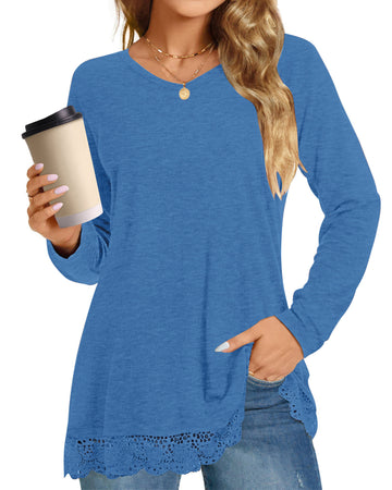 UVN Fall Tops for Women Long Sleeve Lace Trim V Neck Blouses Dressy Casual A Line Tunic Shirts