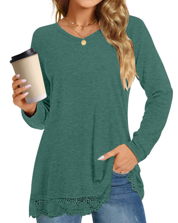 UVN Fall Tops for Women Long Sleeve Lace Trim V Neck Blouses Dressy Casual A Line Tunic Shirts