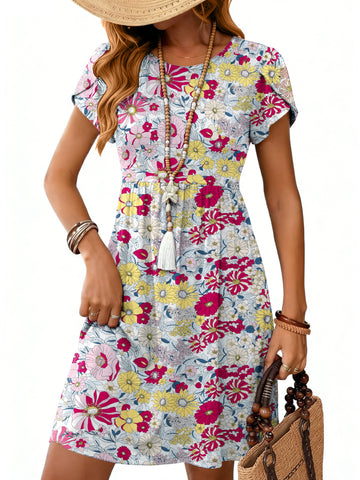 UVN Womens Summer Dresses Short Petal Sleeve Crew Neck Midi Sundress for Women A-Line Flowy Dress with Pocket