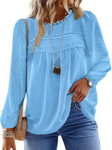 UVN Fall Shirts for Women Long Sleeve Blouses Ladies Crewneck Lace Crochet Tops Dressy Chiffon Blouses