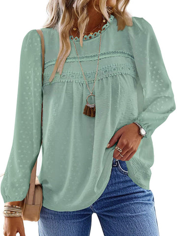 UVN Fall Shirts for Women Long Sleeve Blouses Ladies Crewneck Lace Crochet Tops Dressy Chiffon Blouses