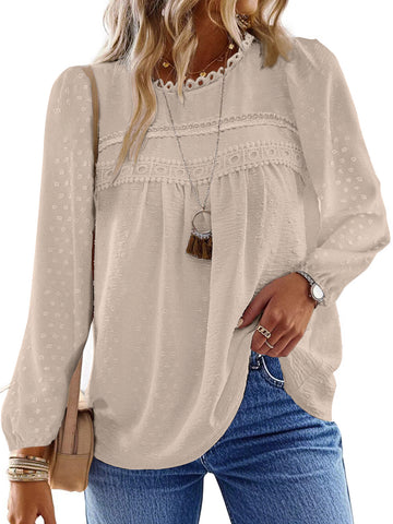 UVN Fall Shirts for Women Long Sleeve Blouses Ladies Crewneck Lace Crochet Tops Dressy Chiffon Blouses